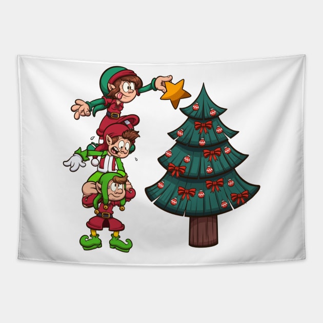 Christmas Elves Decorating Tree Tapestry by TheMaskedTooner