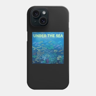 under the sea,blue sea,sea creatures,Turtle, puffer fish, starfish, shrimp, shark, tropical fish, sea horse, seaweed, sardines, squid, crabs, clams Phone Case