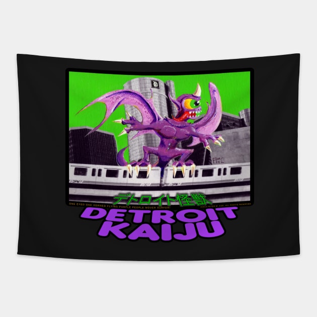 One Eyed One Horned Flying People Mover Surfer! - Pete Coe's Detroit Kaiju Series Tapestry by DetroitKaiju