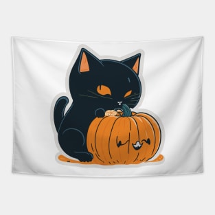 Halloween cute black cat and orange pumpkin Tapestry