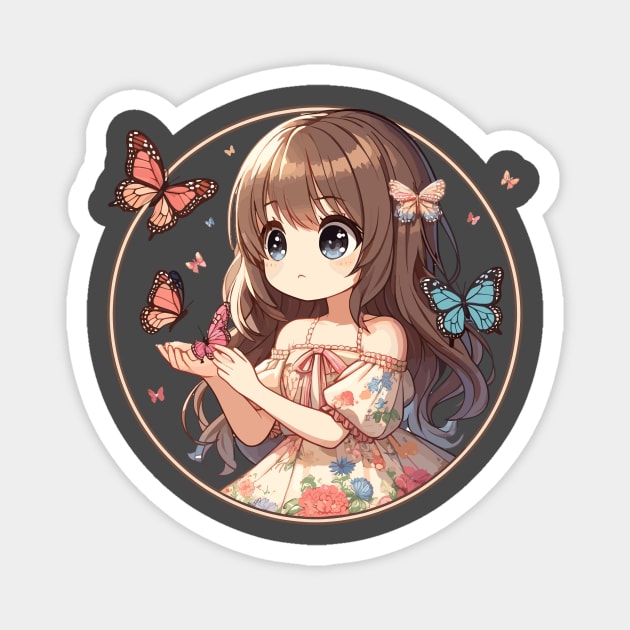 Cute Girl with Butterflies, Tee for Children Magnet by Vinokurio