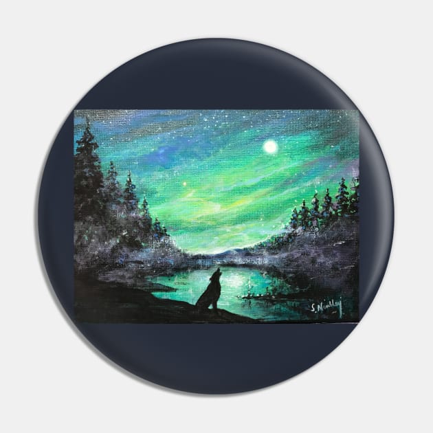 Aurora Borealis, Northern Moon and Arctic Wolf Pin by artdesrapides