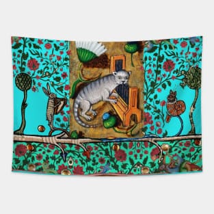 WEIRD MEDIEVAL BESTIARY MAKING MUSIC, Cat Playing Organ,Harpist Rabbit,Snail Cat in Teal Blue Tapestry