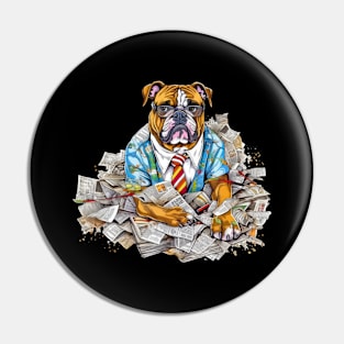 Accountant English Bulldog t-shirt design, a bulldog wearing glasses and holding a calculator Pin