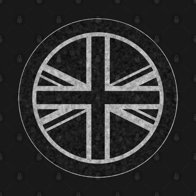 Round UK Union Jack flag black distressed White outline mod by Lefteris