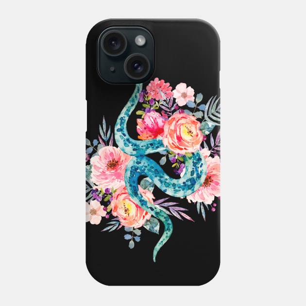 Blue Watercolor Snake In The Flower Garden Phone Case by LittleBunnySunshine