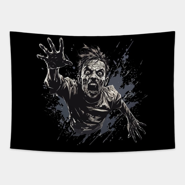 Nightmare Grasp: Terrifying Zombie Hand T-Shirt Design Tapestry by BusyMonkeyDesign