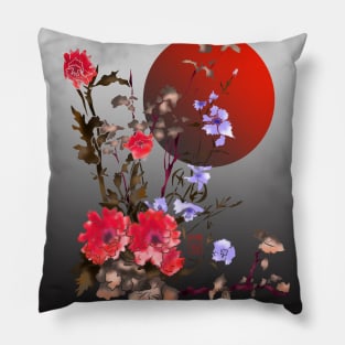 red watercolor sumiE flowers with a blood moon Pillow