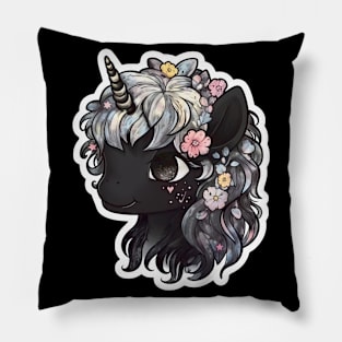 Kawaii Dark unicorn with cute eyes anime style cool hair Pillow