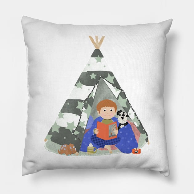 Little boy in a teepee den with story book and puppy Pillow by NattyDesigns