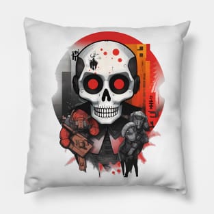 Comic-Style: AI Cyborg Robot Skull and the Apocalypse Pillow