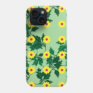 Yellow daisies with Cerise centres over layers of vine leaves on a Spearmint Green background Phone Case