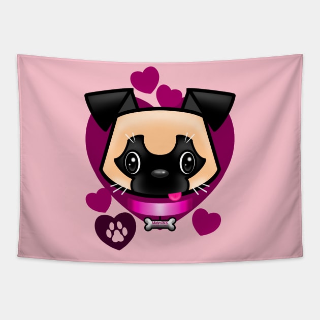 Pug Love Pink Tapestry by MetroInk