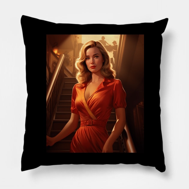 A Pin Up Woman Walking Down the Stairs Pillow by goodoldvintage