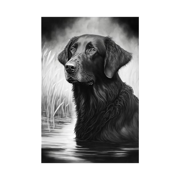 Flatcoated retriver black and white painting by TheMadSwede