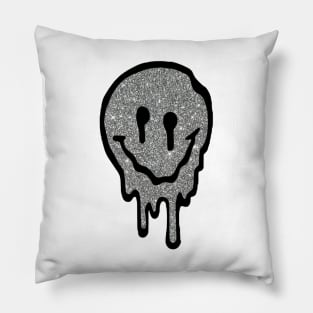 Silver Glitter Drippy Smiley Face Pillow