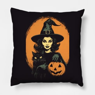 Vintage Retro Halloween Witch with Black Cat and Jack-O-Lantern Pillow