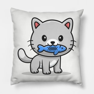 Cute Cat Bites Fish Pillow