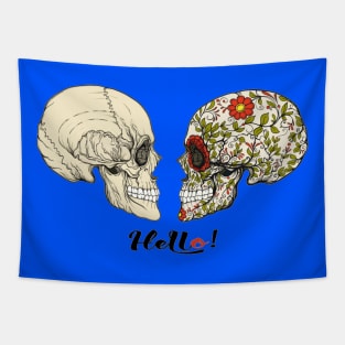 Human Skulls with hello slogan Tapestry