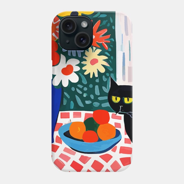 Black Cat in Still Life Painting with Flower Vase Phone Case by bragova