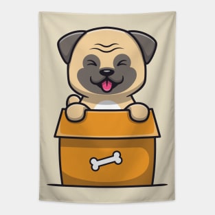 Cute Pug Dog Playing In Box Tapestry