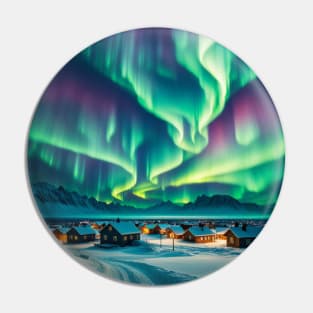 Northern Lights Over A Mountain Village Pin