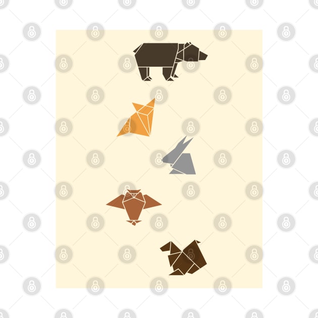 Forest animals origami print, wildlife geometric design, bear, fox, squirrel, rabbit, owl by KINKDesign