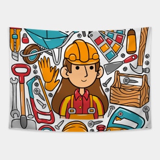 Woman Builder Kawaii Doodle Tapestry