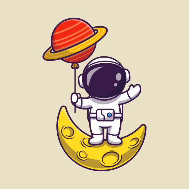 Cute Astronaut Standing On Moon And Holding Planet  Balloon Cartoon by Catalyst Labs