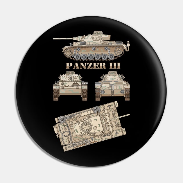 Panzer III 3 Tank German WW2 Medium Tanks Color Diagram Gift Pin by Battlefields