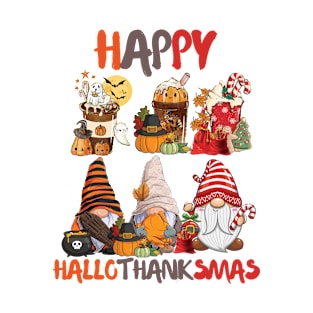 Happy Hallothanksmas Coffee  Gnomes Halloween Thanksgiving Christmas T-Shirt