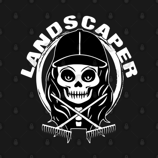 Landscaper Skull and Rake White Logo by Nuletto