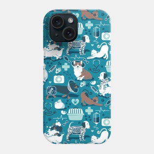 Veterinary medicine, happy and healthy friends // pattern // turquoise background aqua details navy blue white and brown cats dogs and other animals Phone Case