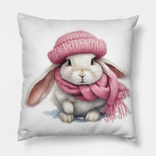 Adorable cute rabbit wearing a pink hat and scarf Pillow