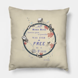 Inspirational quote from a Victorian philosopher on freedom and fish. Salmon, purple and grey design. Pillow