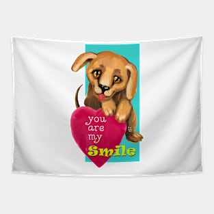 Cute dog. Baby pets. Puppy friendship love. Tapestry