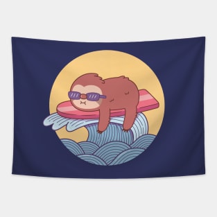 Cute Sloth On Surfboard Riding The Waves Tapestry