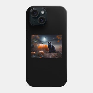 A sleek black cat in a pumpkin patch on Halloween night Phone Case