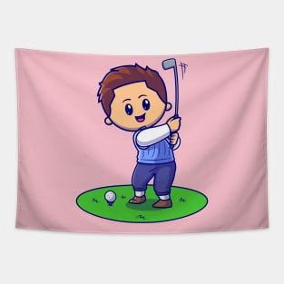 Cute Man Playing Golf Cartoon Tapestry