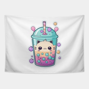 Cute Cat Bubble Tea Cartoon Boba Drawing Tapestry