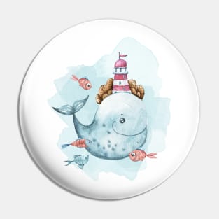 Watercolor cute whale and fish illustration Pin