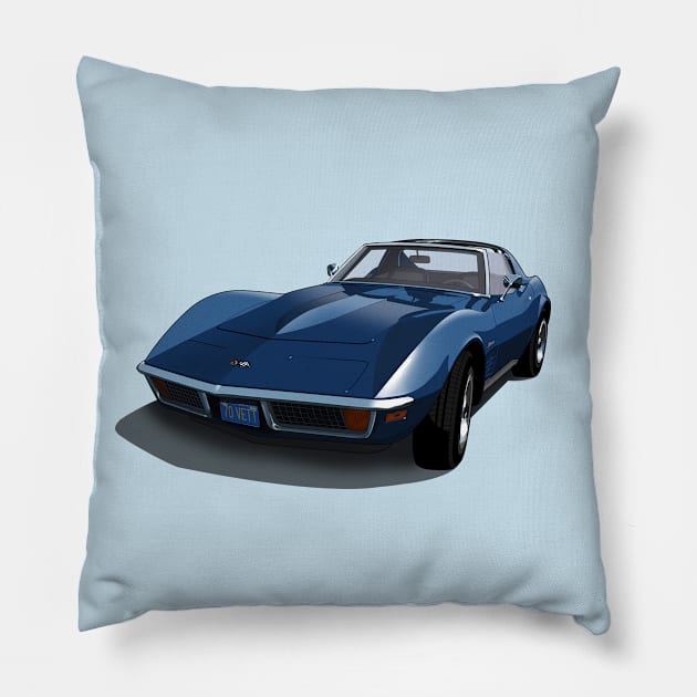 1970 Corvette Stingray in Bridgehampton Blue Pillow by candcretro