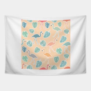 Hand drawn colorful flamingo and monstera leaves. Seamless pattern Tapestry