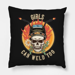 Welders skull woman sarcastic floral retro quote Girls can weld too Pillow