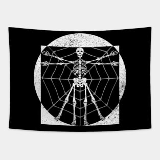 Creepy Halloween Vitruvian Man Skeleton In Spider Web Tapestry