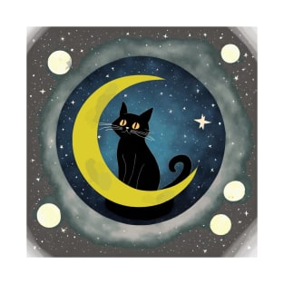 A black cat admiring the scenery on the moon T-Shirt