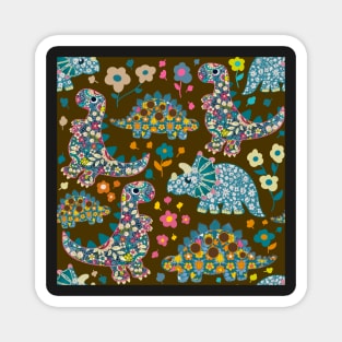 Vintage floral fabric dinosaurs with daisies on brown background Magnet