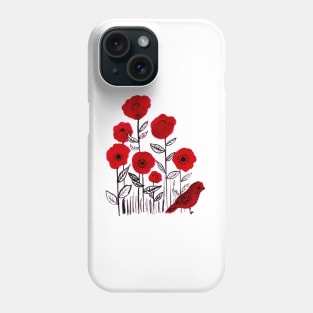 Poppies and little red bird watercolor painting Phone Case