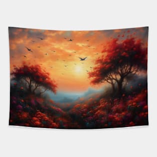 Spring landscape with a beautiful flowering trees. Tapestry