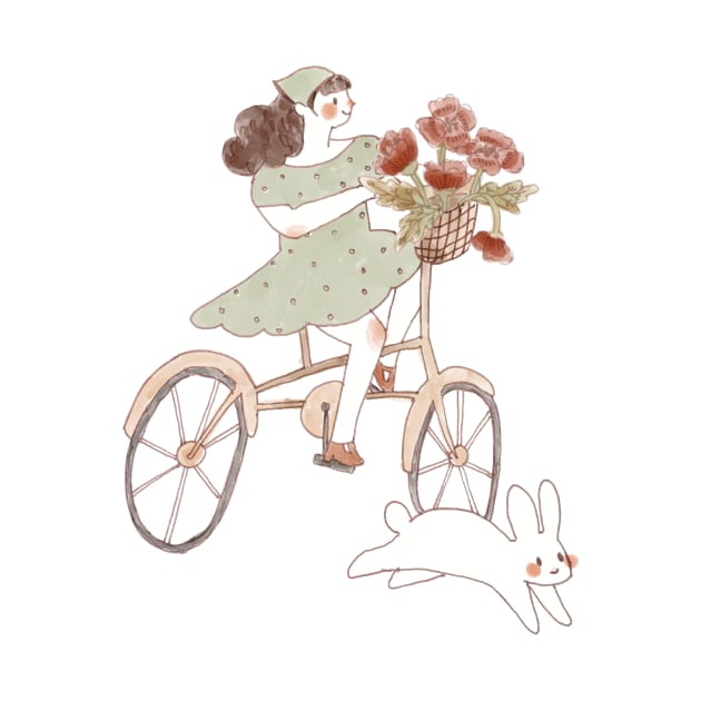 Cycling Girl with bunny and flowers by Cati Daehnhardt